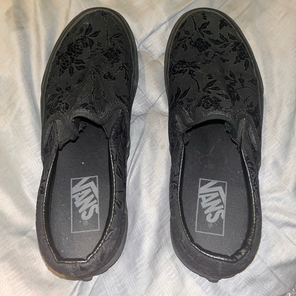 All black slip-on vans with flocked roses, worn twice.
